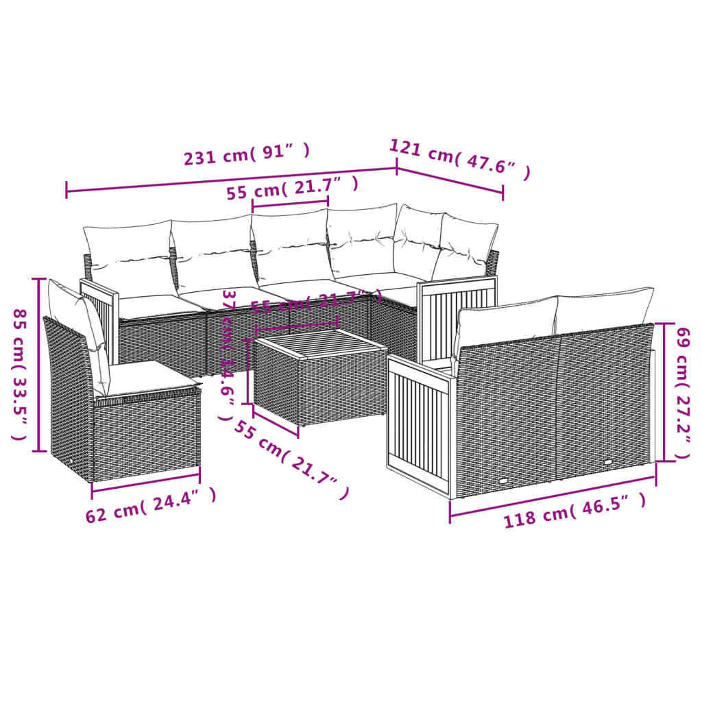 9-Delige Loungeset Met Kussens Poly Rattan Grijs