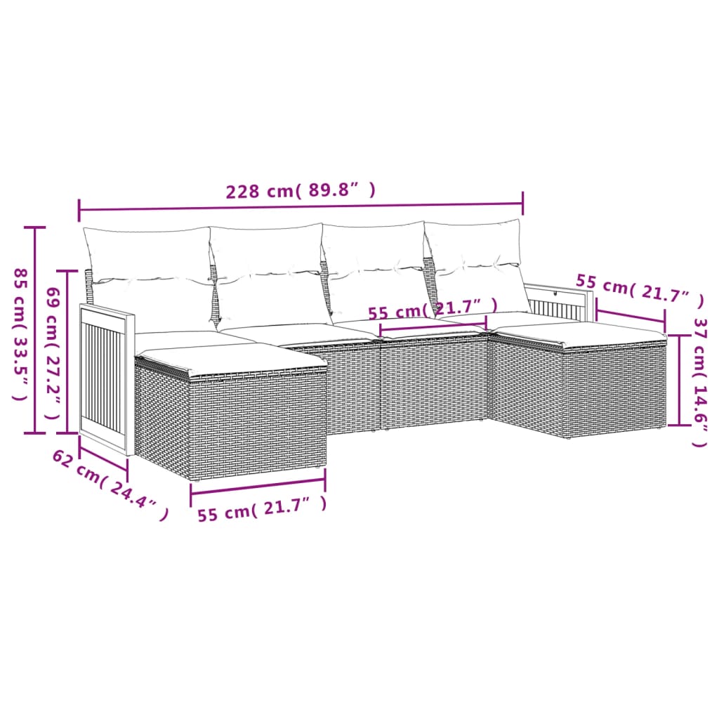 6-Delige Loungeset Met Kussens Poly Rattan Grijs