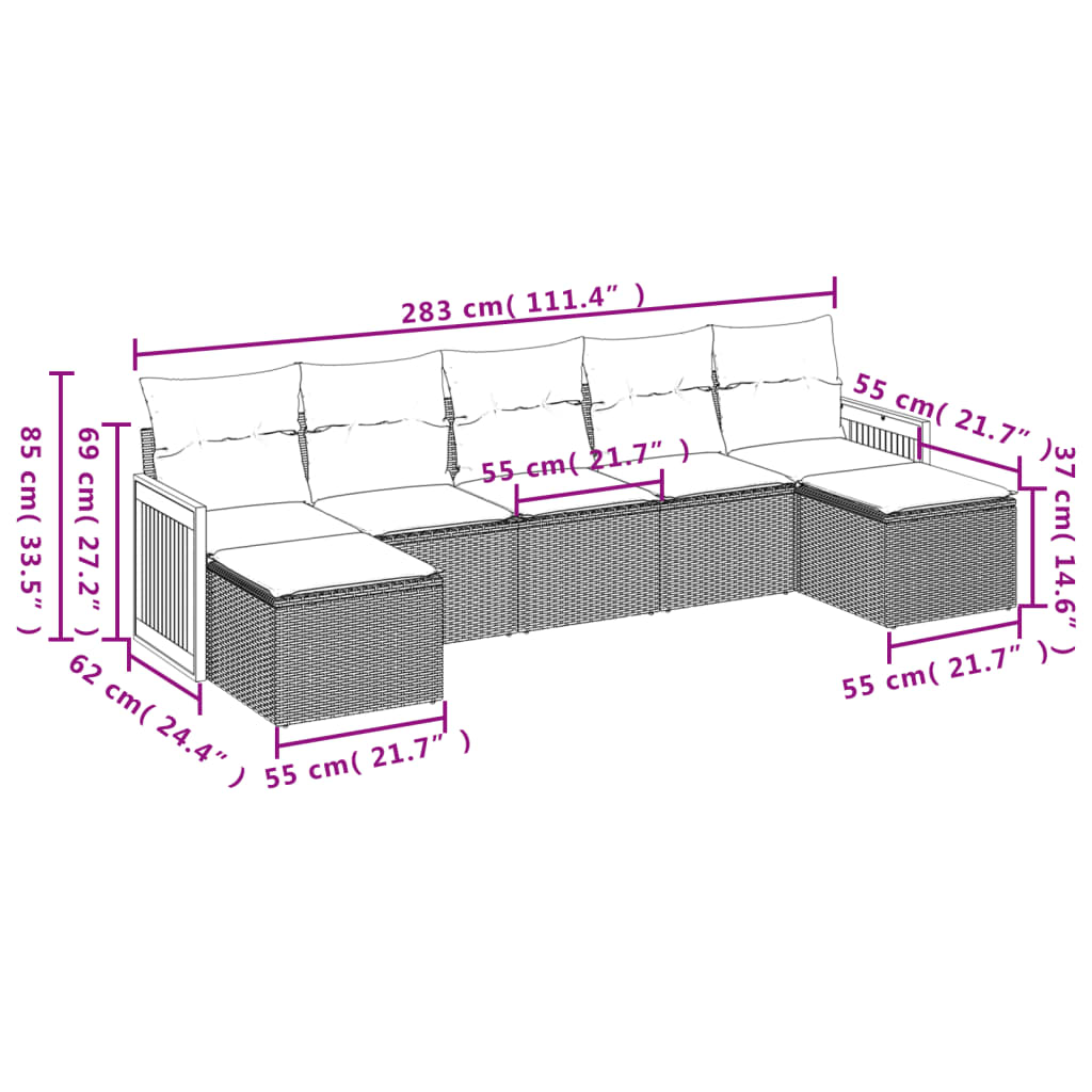 7-Delige Loungeset Met Kussens Poly Rattan Grijs