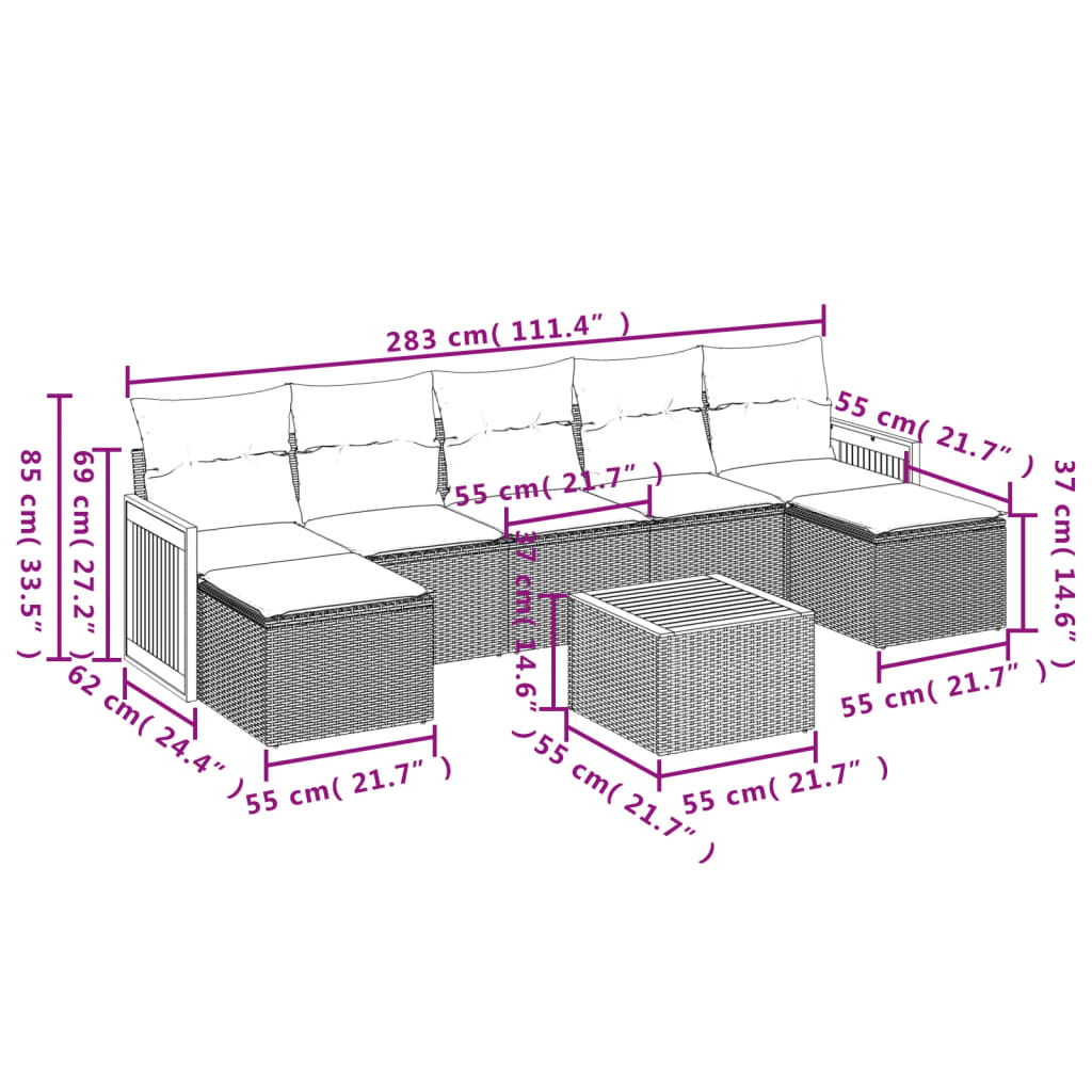 8-Delige Loungeset Met Kussens Poly Rattan Grijs