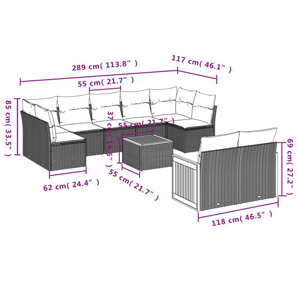 10-Delige Loungeset Met Kussens Poly Rattan Grijs