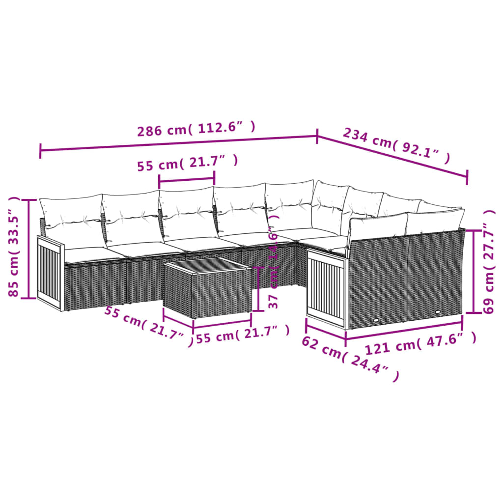 10-Delige Loungeset Met Kussens Poly Rattan Zwart