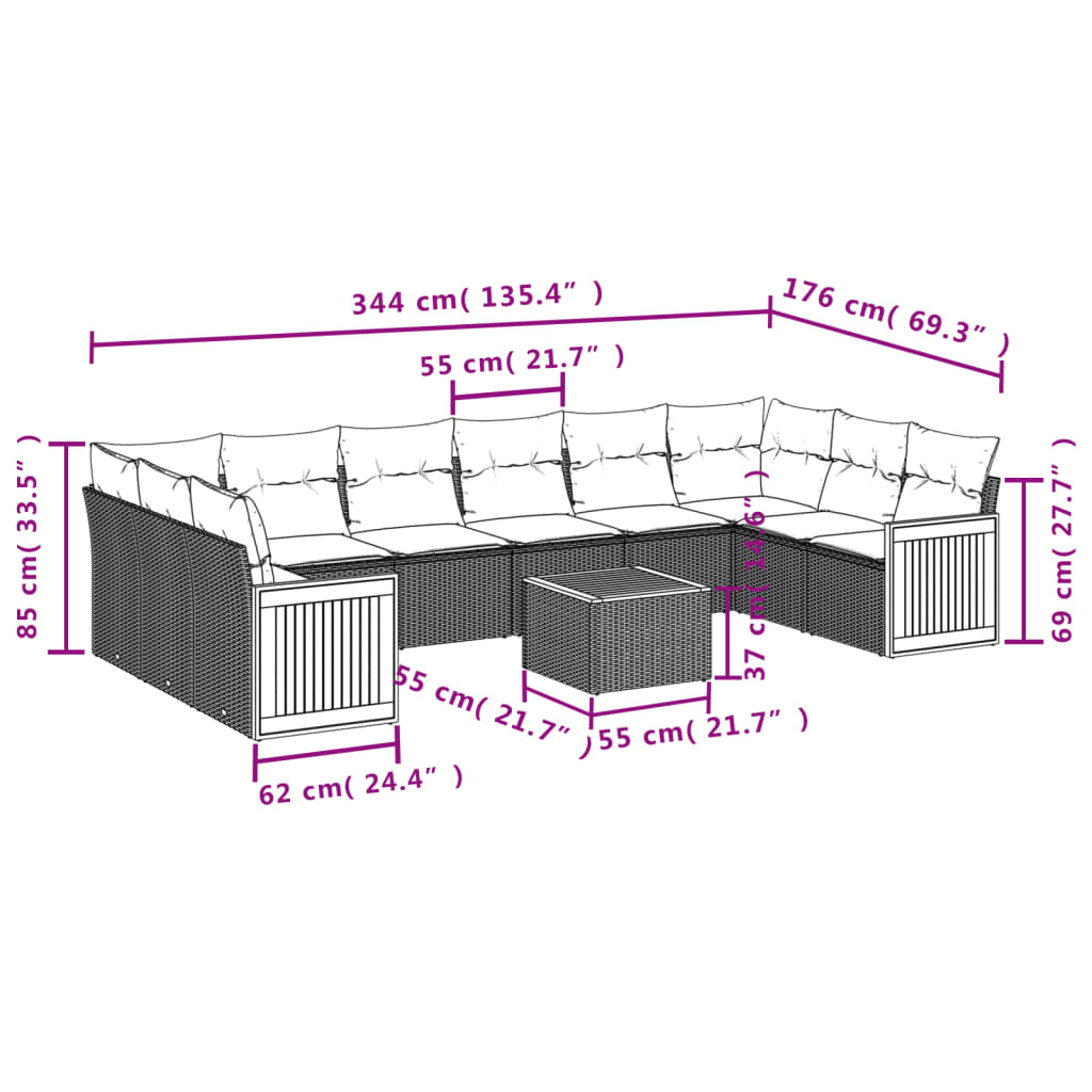 11-Delige Loungeset Met Kussens Poly Rattan Zwart