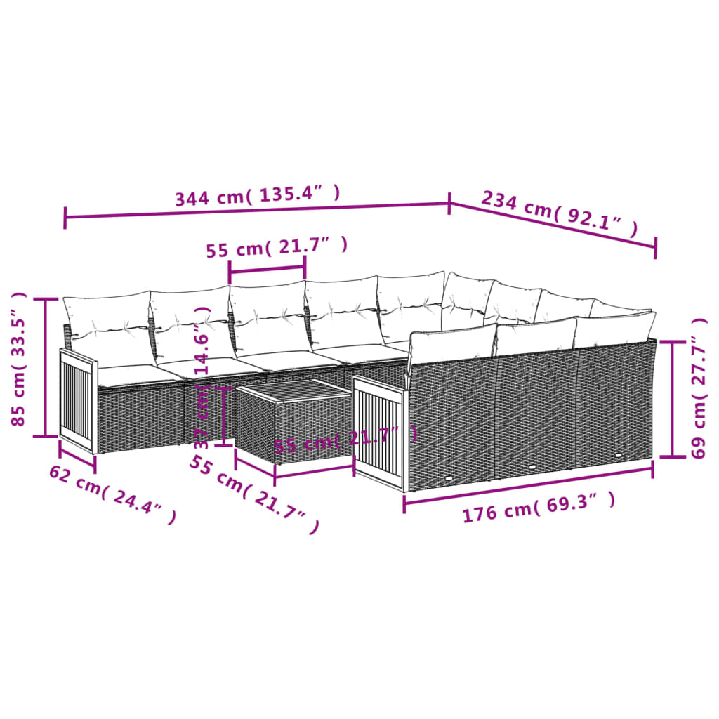 11-Delige Loungeset Met Kussens Poly Rattan Grijs