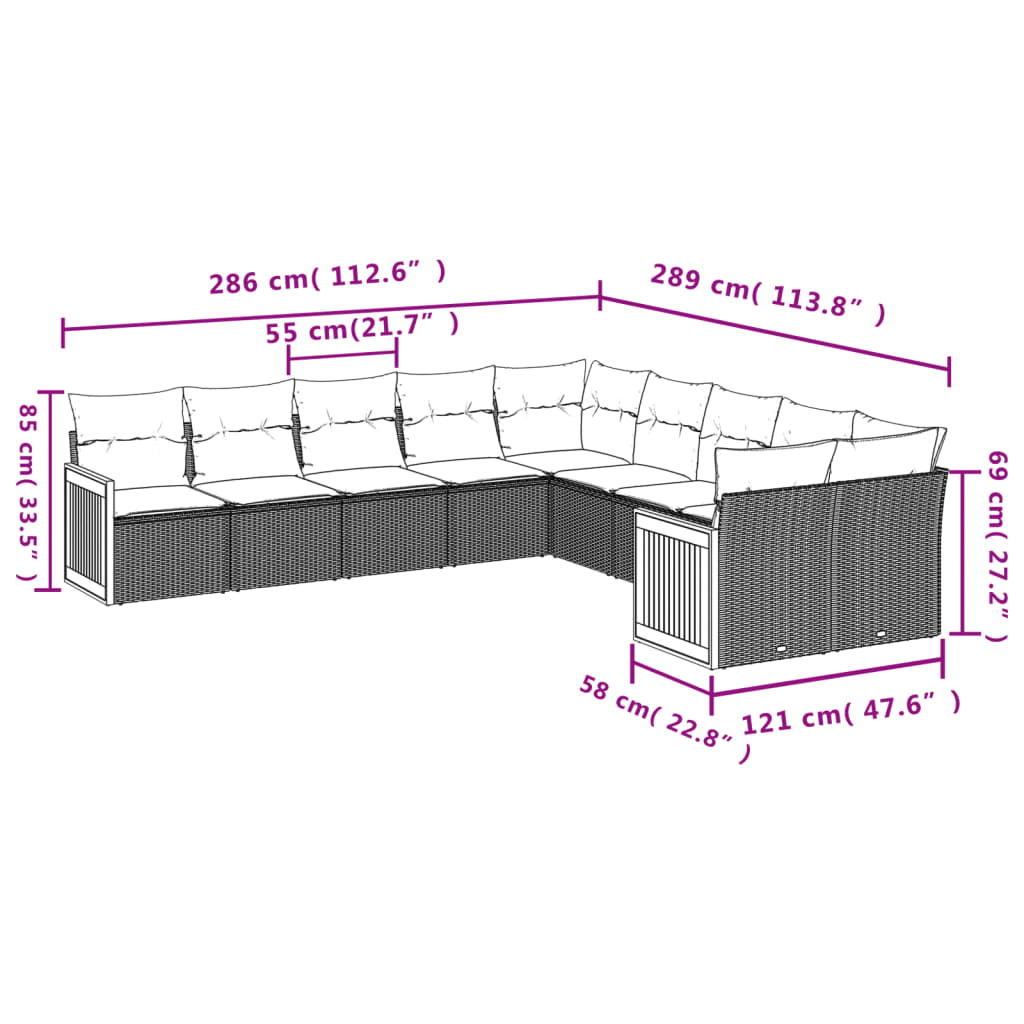 10-Delige Loungeset Met Kussens Poly Rattan Zwart