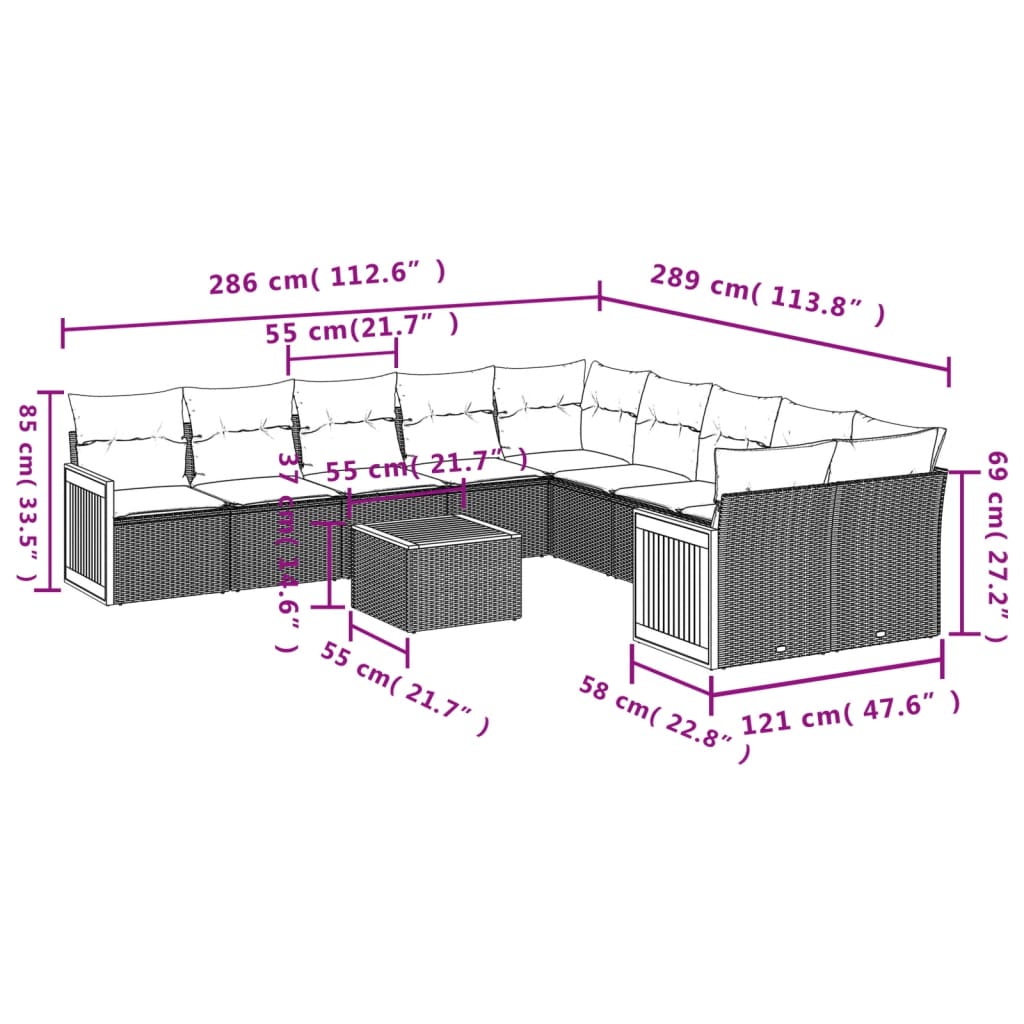 11-Delige Loungeset Met Kussens Poly Rattan Grijs