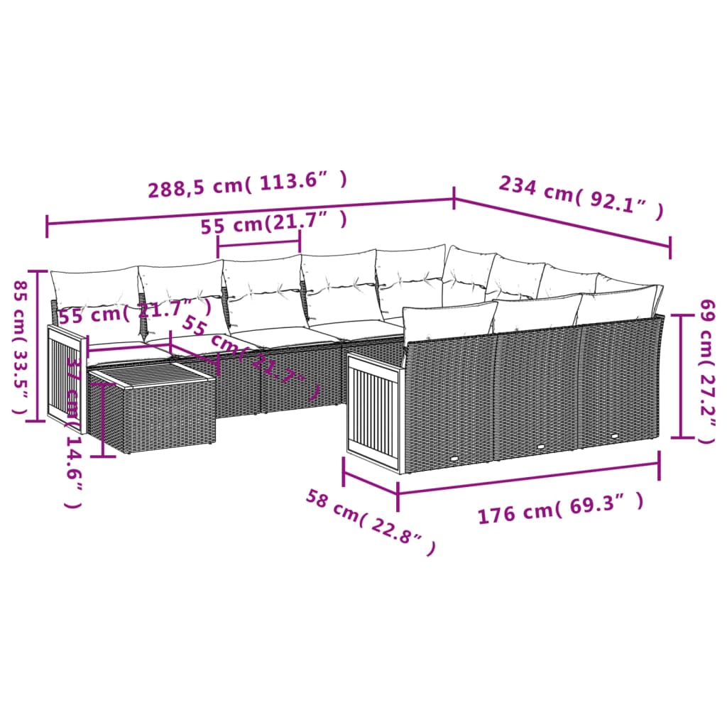 11-Delige Loungeset Met Kussens Poly Rattan Zwart