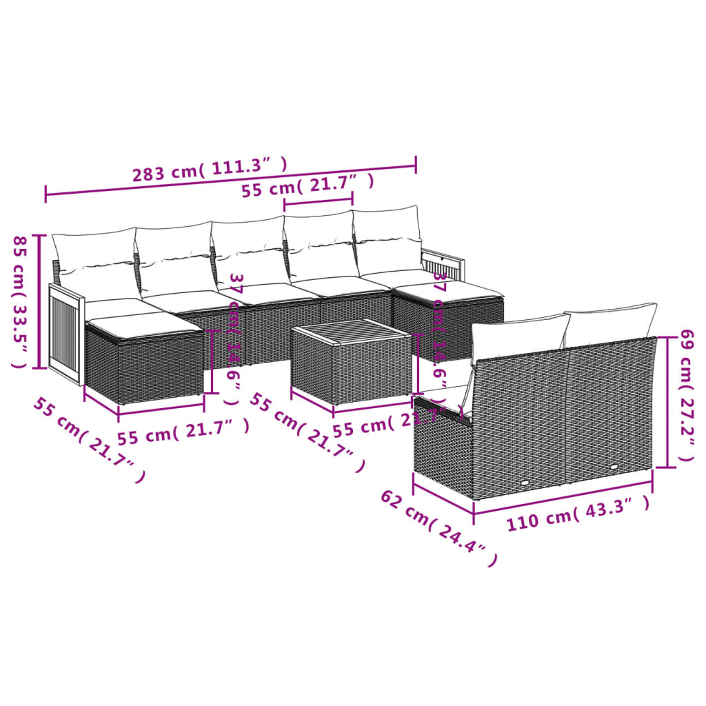 10-Delige Loungeset Met Kussens Poly Rattan Zwart