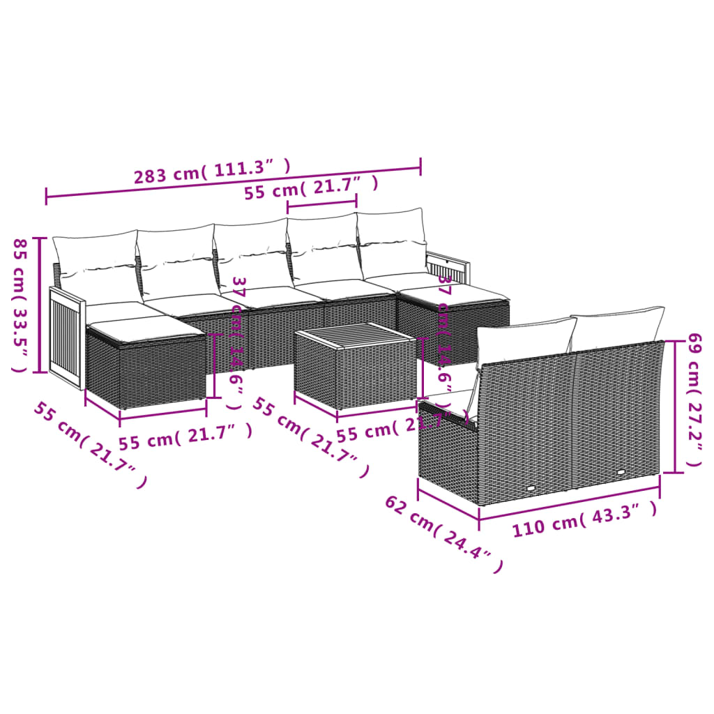 10-Delige Loungeset Met Kussens Poly Rattan Grijs