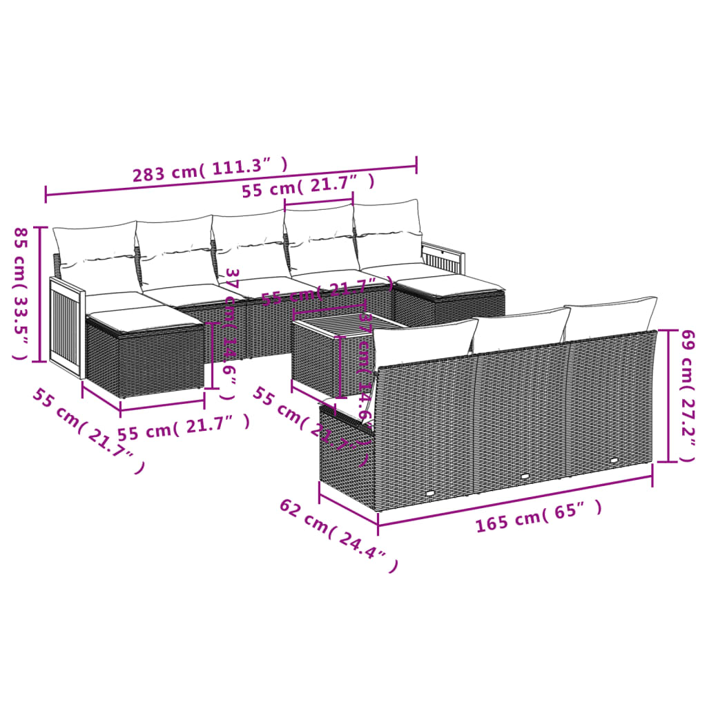 11-Delige Loungeset Met Kussens Poly Rattan Zwart