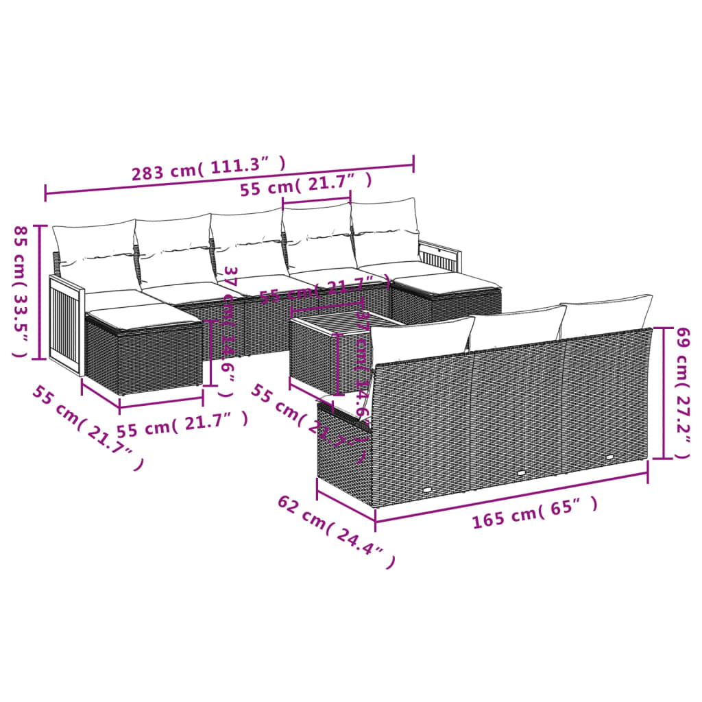 11-Delige Loungeset Met Kussens Poly Rattan Grijs