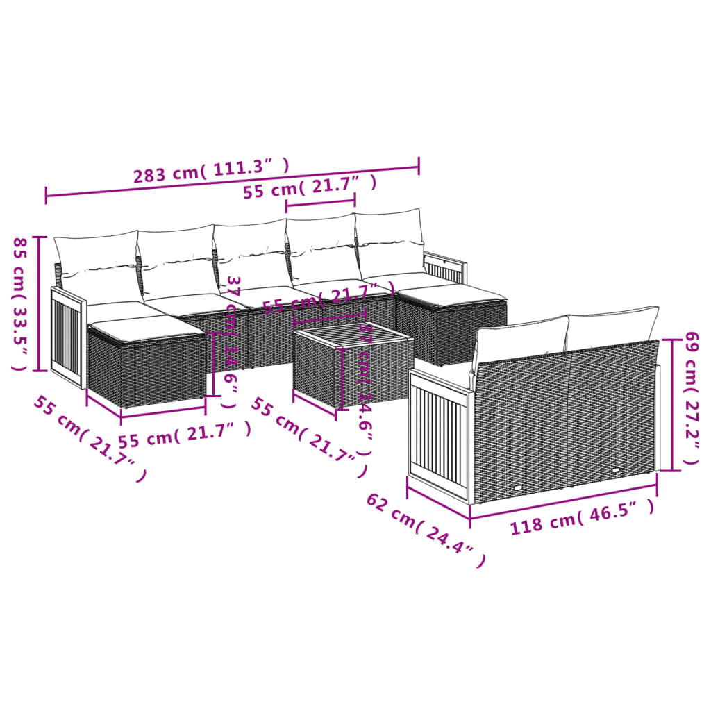 10-Delige Loungeset Met Kussens Poly Rattan Grijs