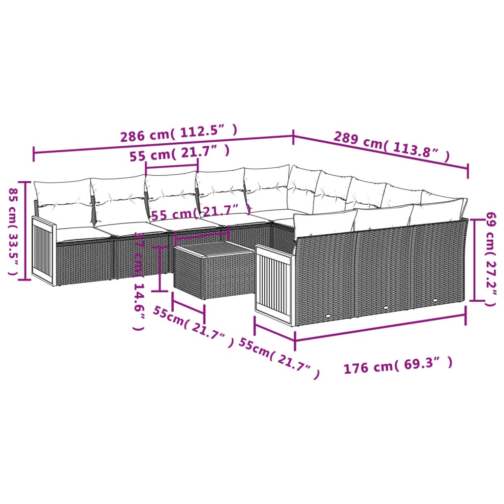 12-Delige Loungeset Met Kussens Poly Rattan Grijs