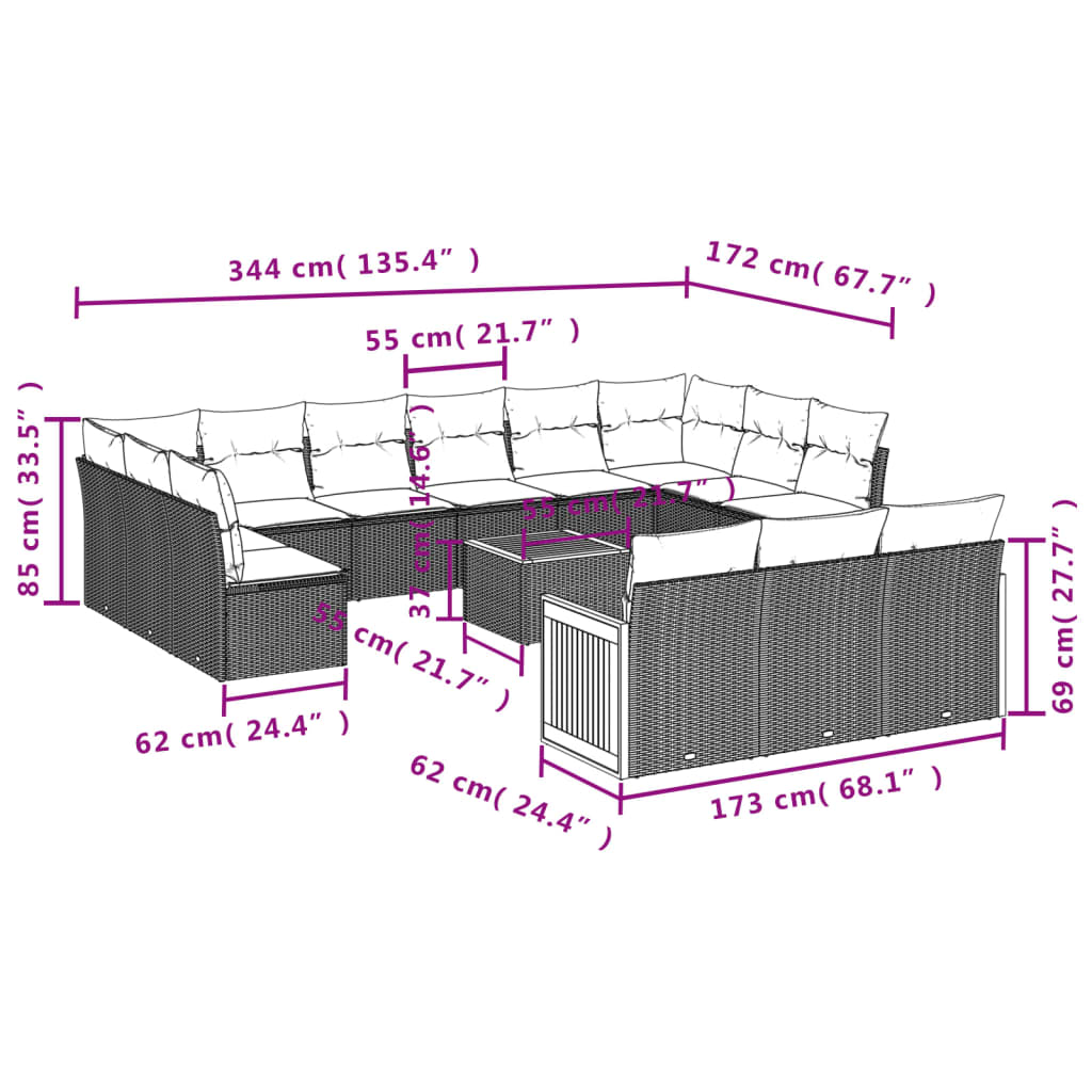 14-Delige Loungeset Met Kussens Poly Rattan Zwart