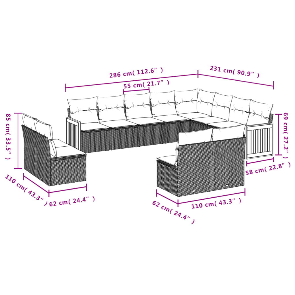 12-Delige Loungeset Met Kussens Poly Rattan Zwart