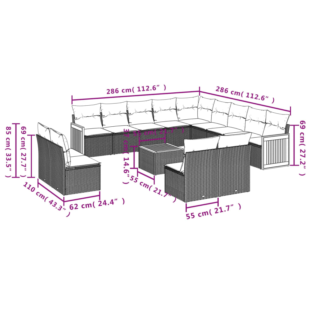 14-Delige Loungeset Met Kussens Poly Rattan Grijs