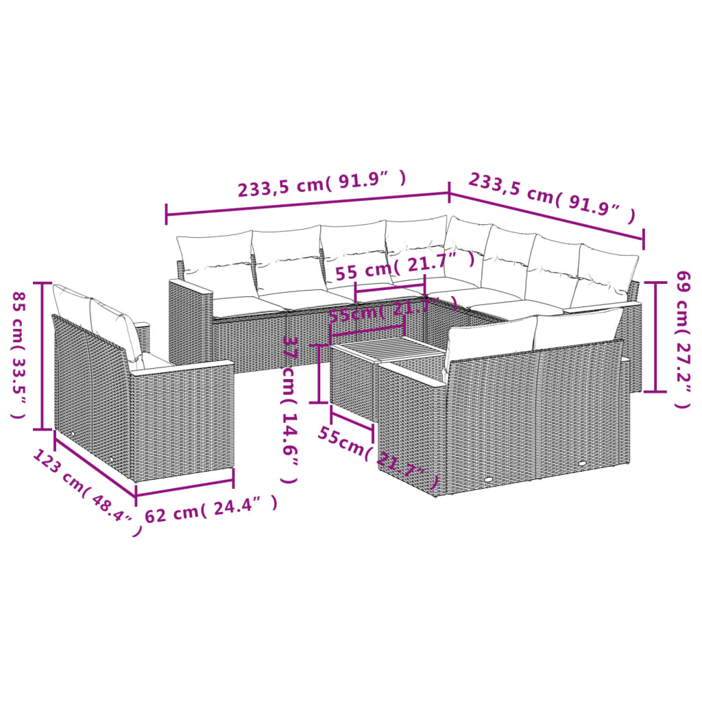 12-Delige Loungeset Met Kussens Poly Rattan Zwart