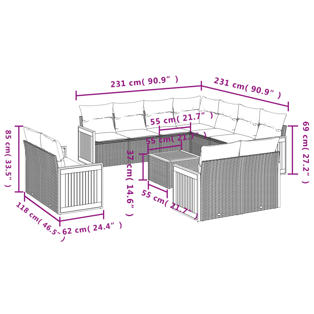 12-Delige Loungeset Met Kussens Poly Rattan Zwart Wit