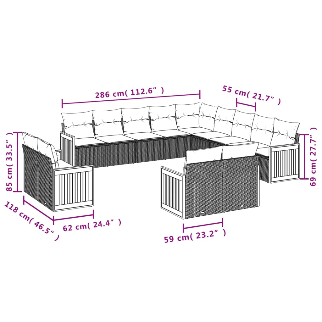 13-Delige Loungeset Met Kussens Poly Rattan Beige