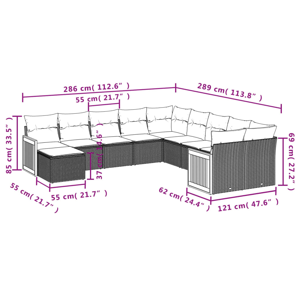 11-Delige Loungeset Met Kussens Poly Rattan Grijs