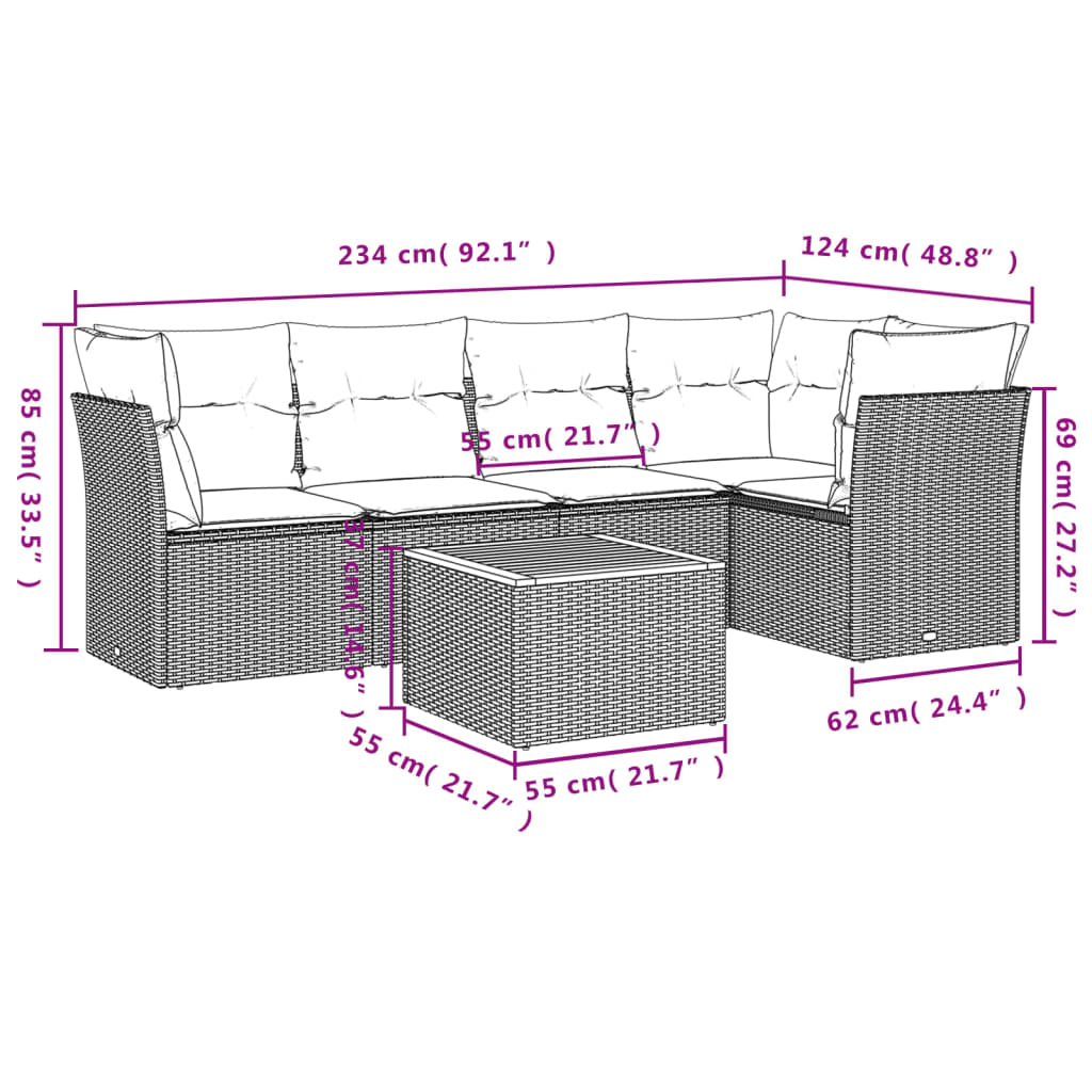 6-Delige Loungeset Met Kussens Poly Rattan Grijs