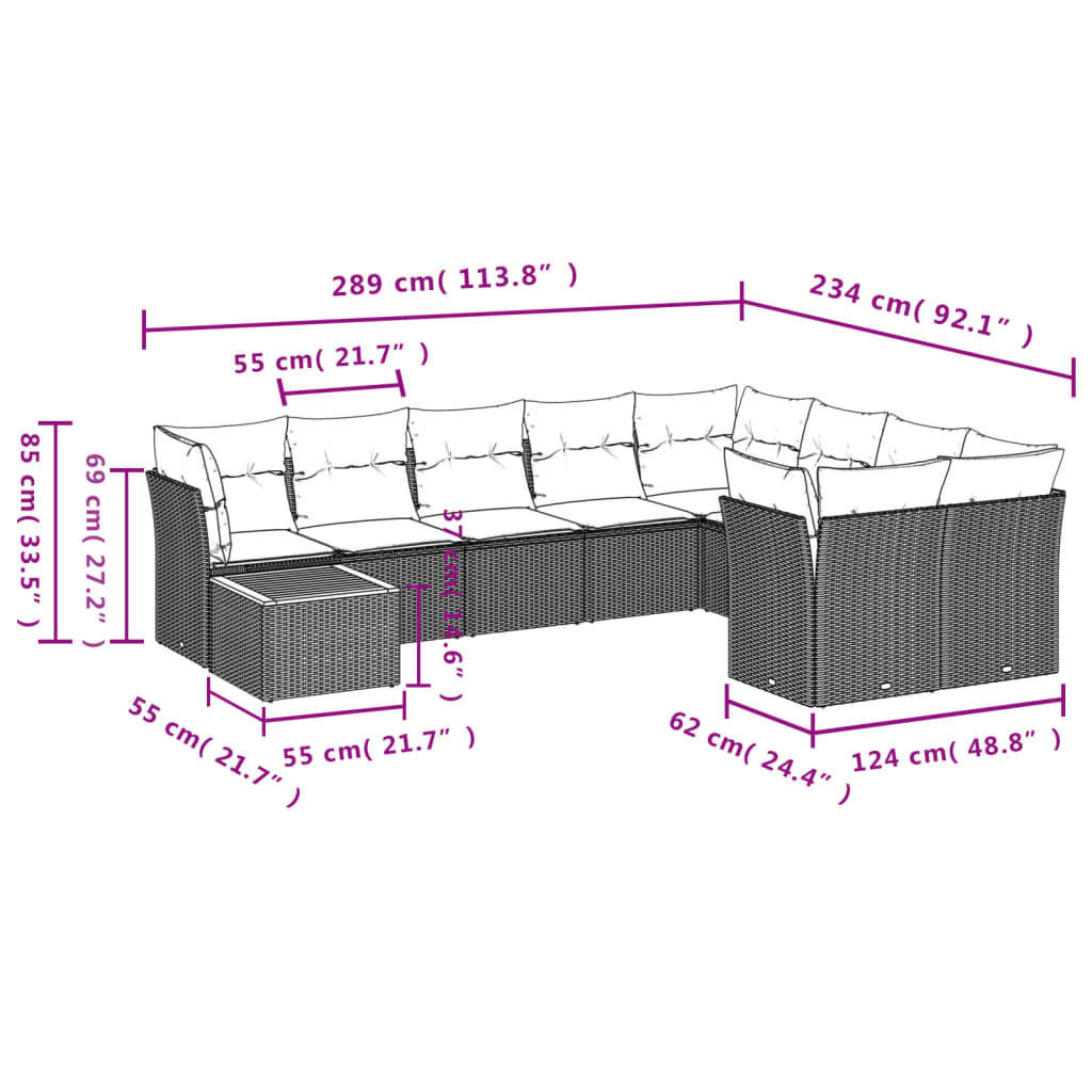 10-Delige Loungeset Met Kussens Poly Rattan Grijs