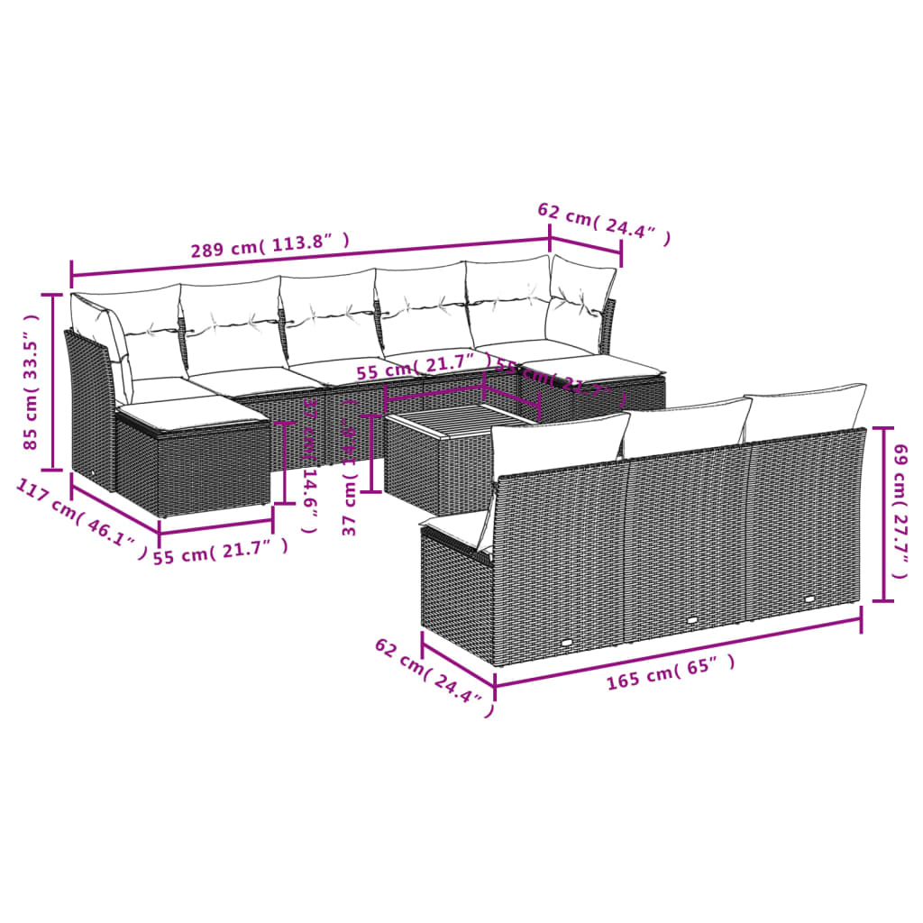 11-Delige Loungeset Met Kussens Poly Rattan Grijs