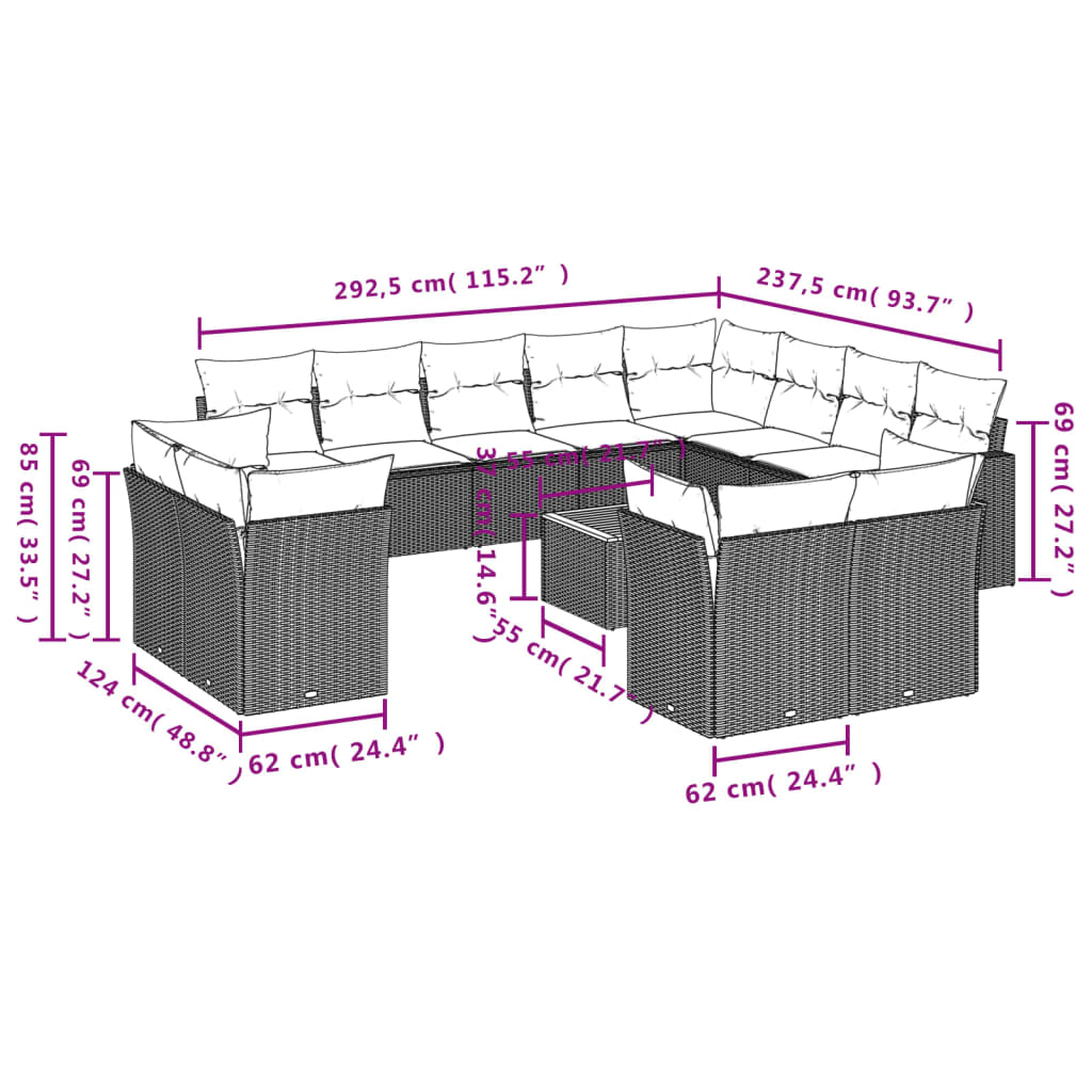 13-Delige Loungeset Met Kussens Poly Rattan Zwart