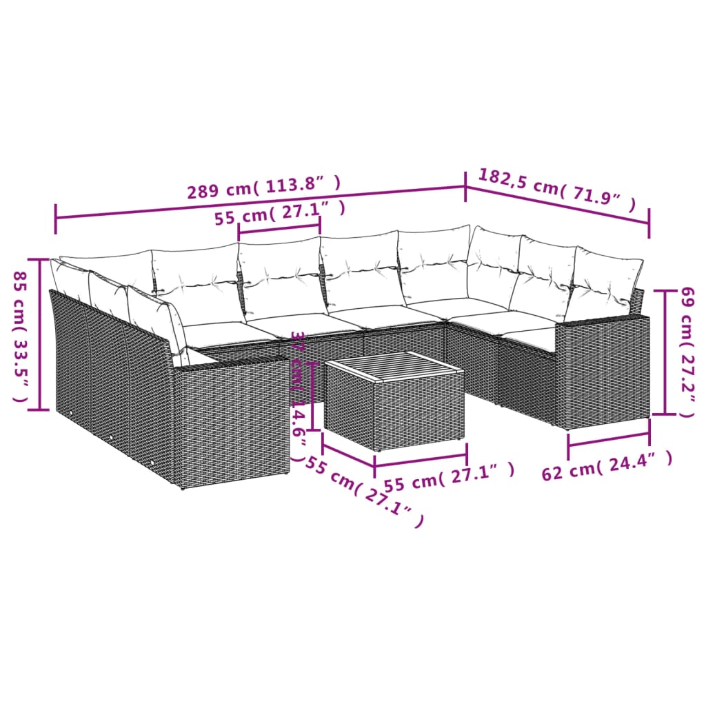 10-Delige Loungeset Met Kussens Poly Rattan Zwart