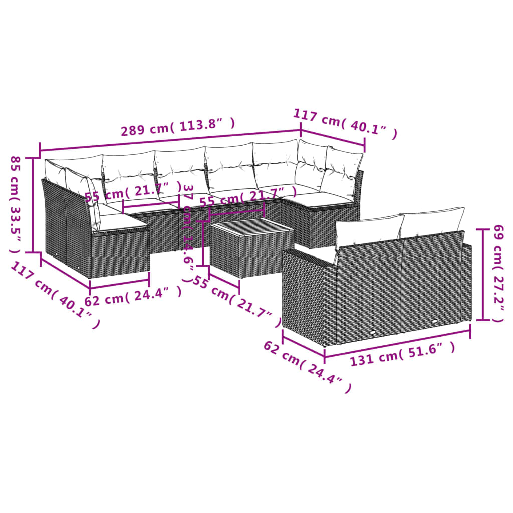 10-Delige Loungeset Met Kussens Poly Rattan Zwart