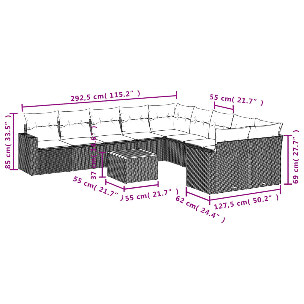 11-Delige Loungeset Met Kussens Poly Rattan Zwart