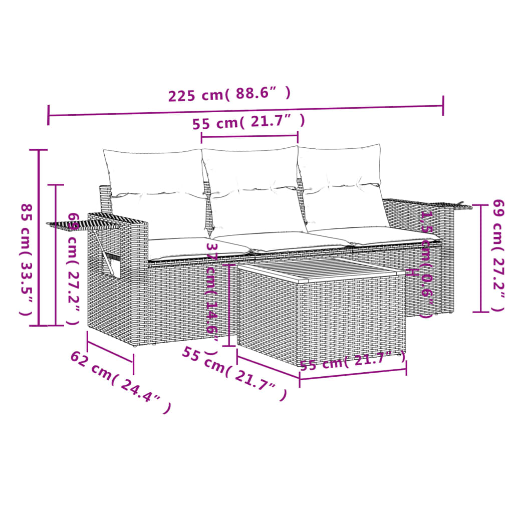 4-Delige Loungeset Met Kussens Poly Rattan Grijs