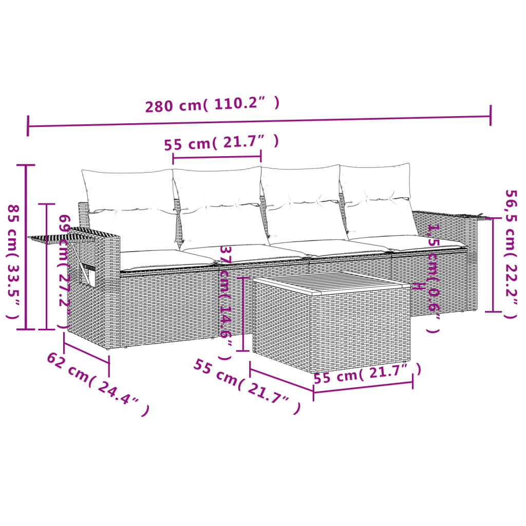 5-Delige Loungeset Met Kussens Poly Rattan Zwart