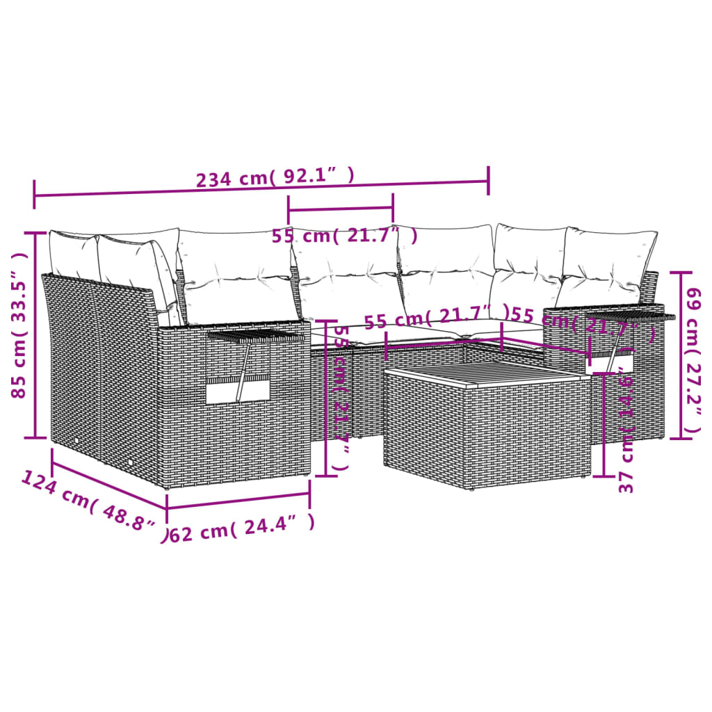 7-Delige Loungeset Met Kussens Poly Rattan Grijs