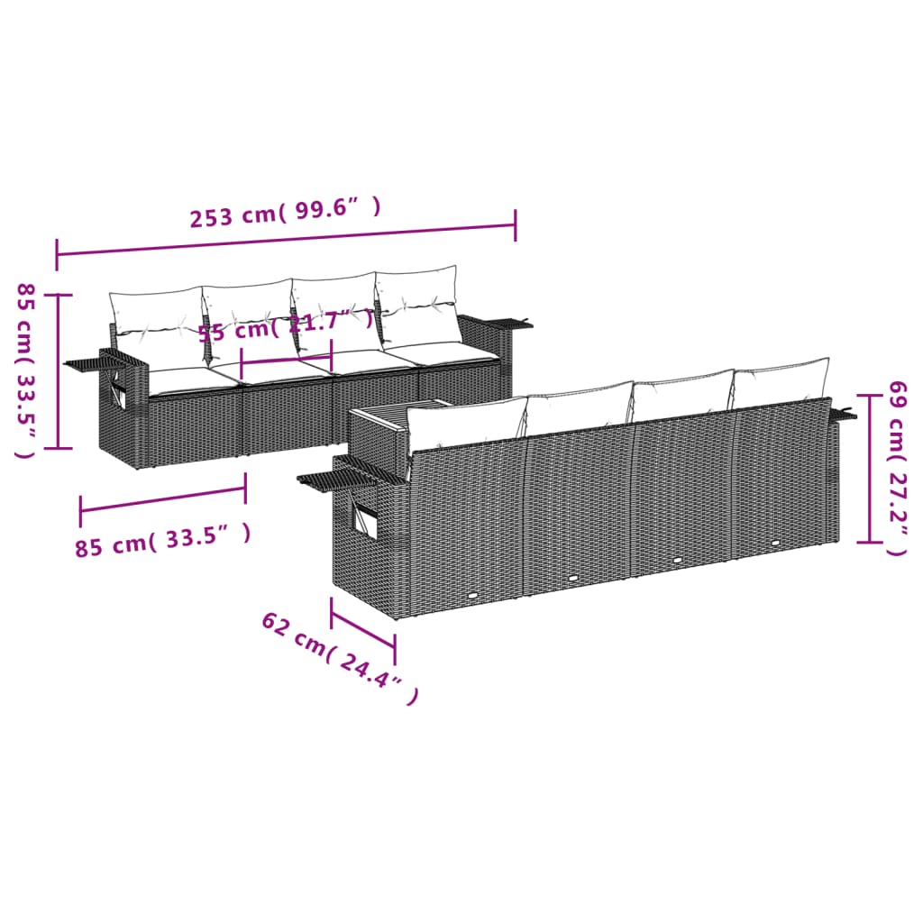 9-Delige Loungeset Met Kussens Poly Rattan Grijs