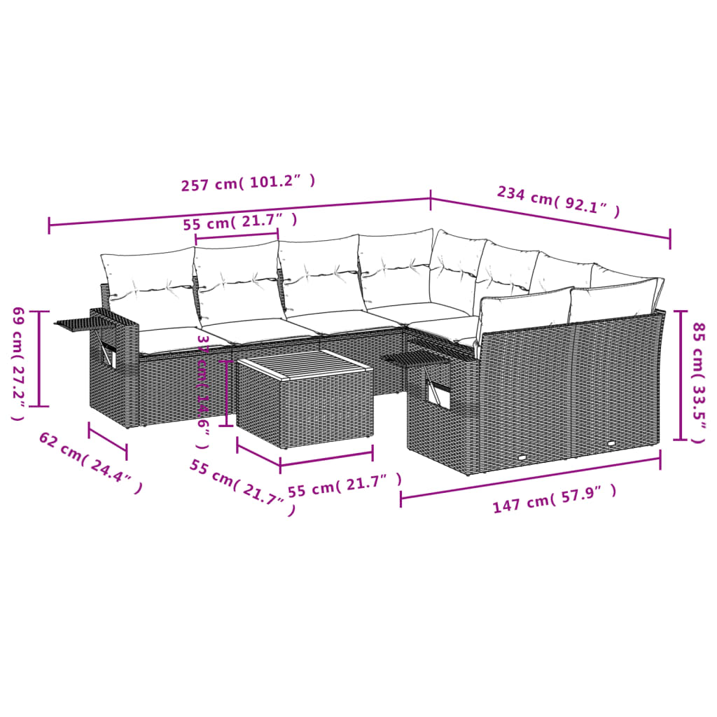 9-Delige Loungeset Met Kussens Poly Rattan Zwart