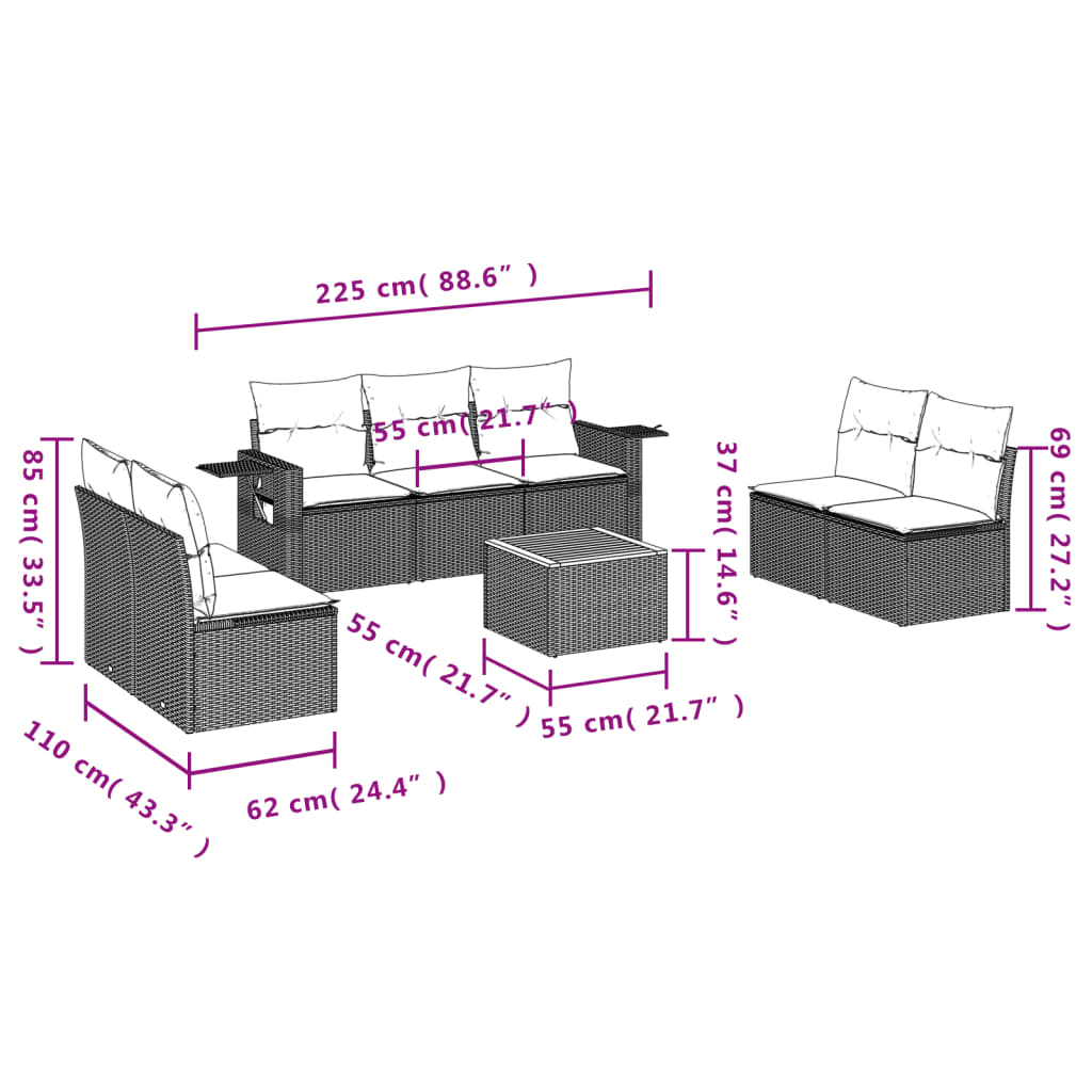 8-Delige Loungeset Met Kussens Poly Rattan Zwart