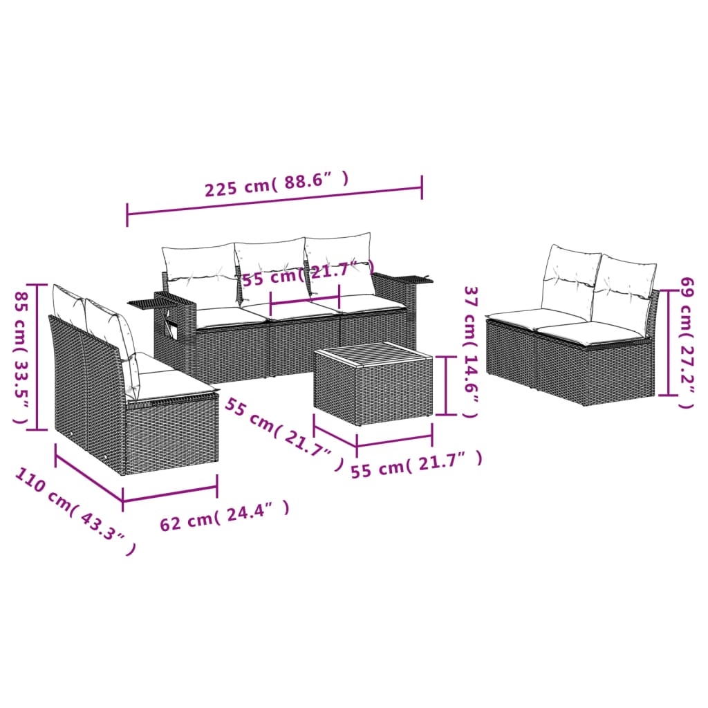 8-Delige Loungeset Met Kussens Poly Rattan Grijs