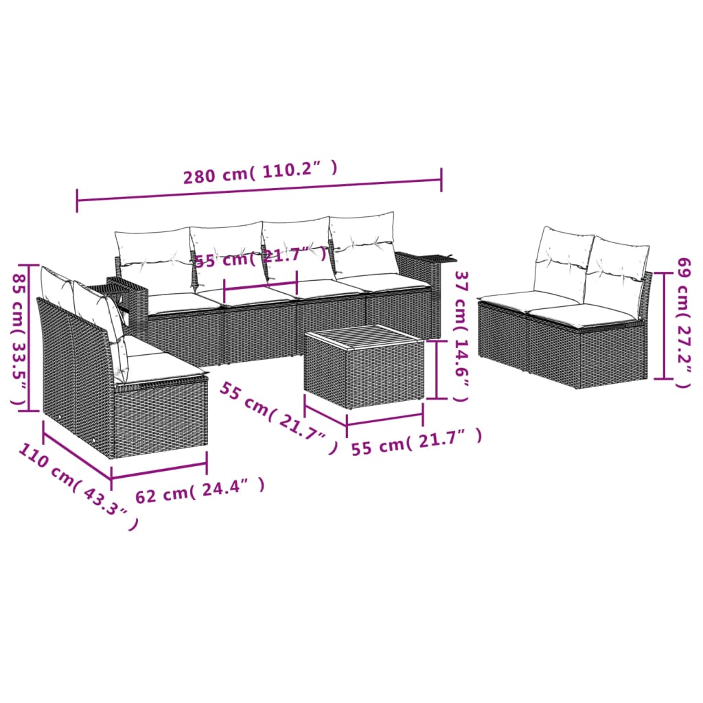 9-Delige Loungeset Met Kussens Poly Rattan Zwart