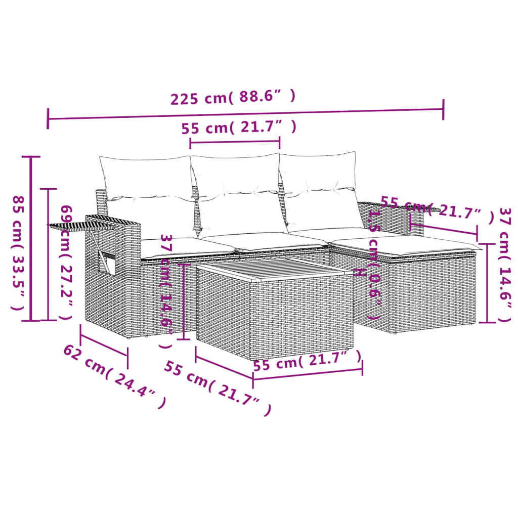 5-Delige Loungeset Met Kussens Poly Rattan Grijs