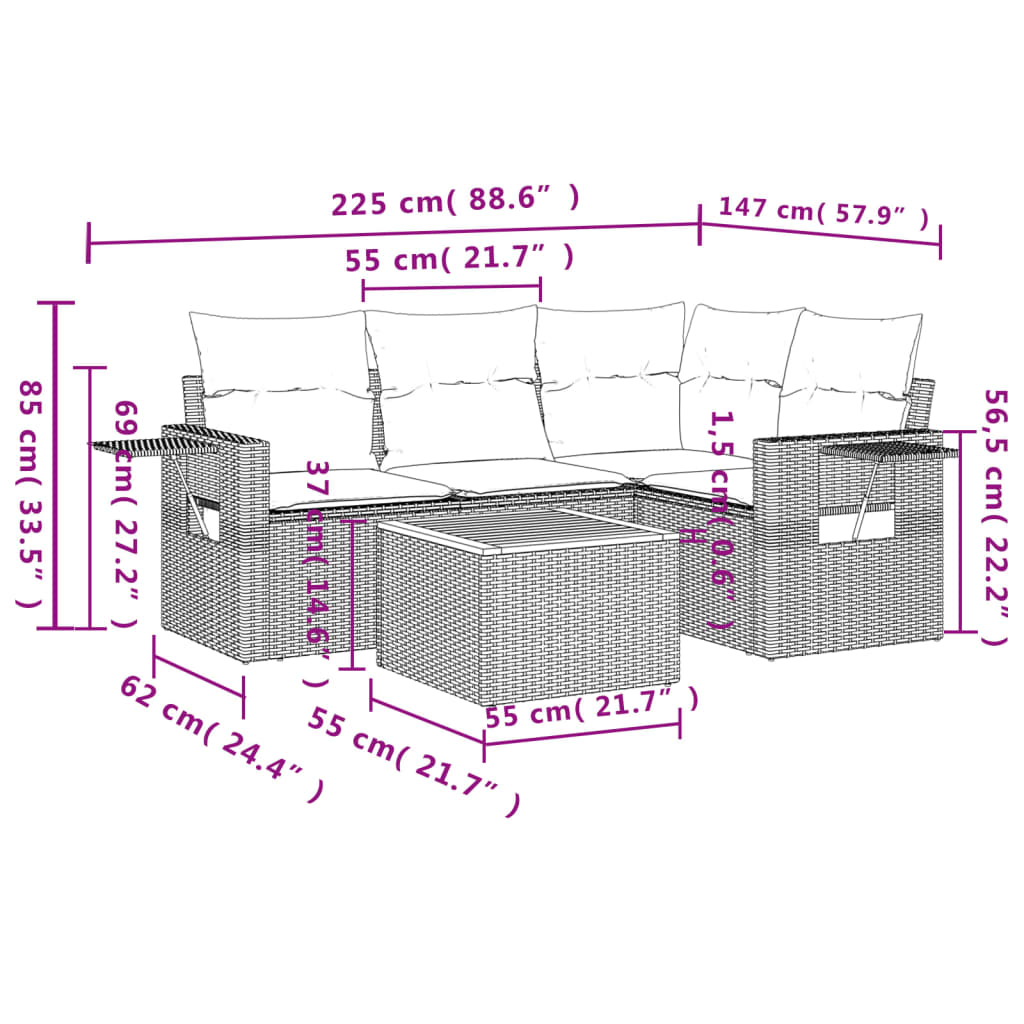 5-Delige Loungeset Met Kussens Poly Rattan Zwart