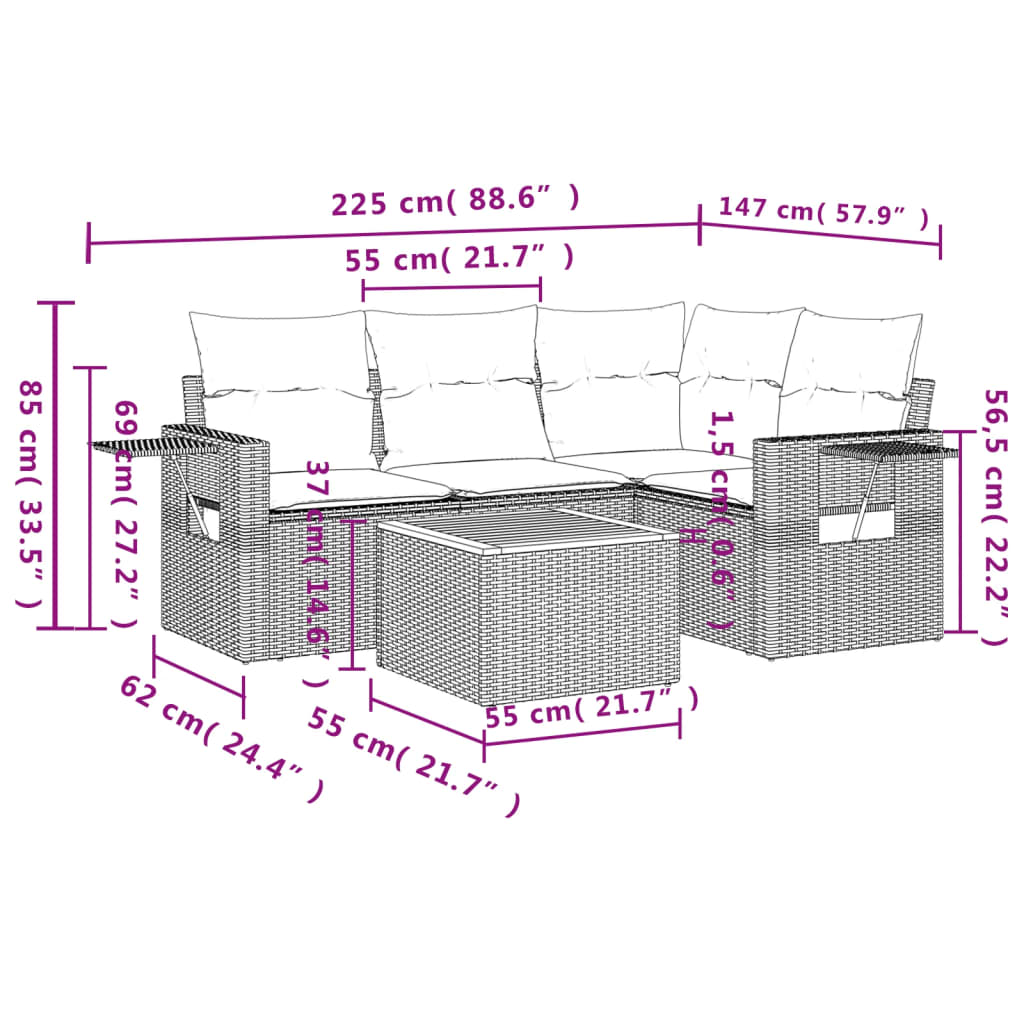 5-Delige Loungeset Met Kussens Poly Rattan Grijs