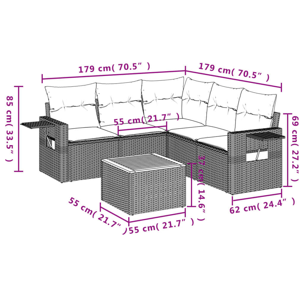 6-Delige Loungeset Met Kussens Poly Rattan Grijs