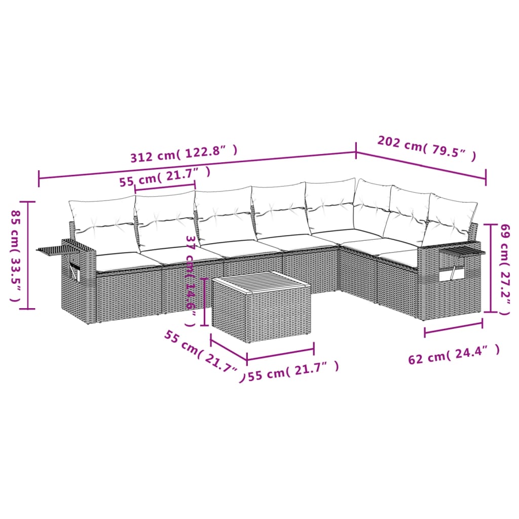 8-Delige Loungeset Met Kussens Poly Rattan Grijs