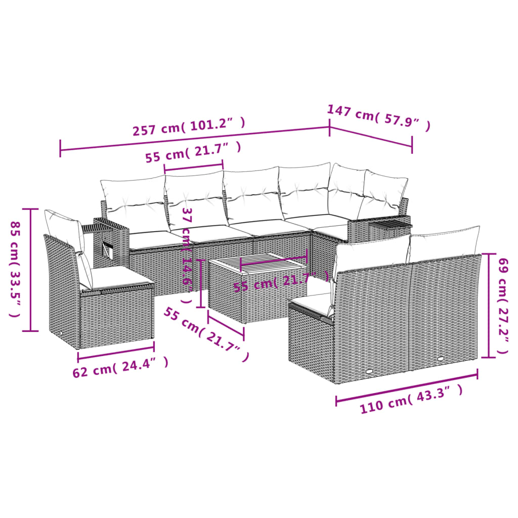 9-Delige Loungeset Met Kussens Poly Rattan Zwart