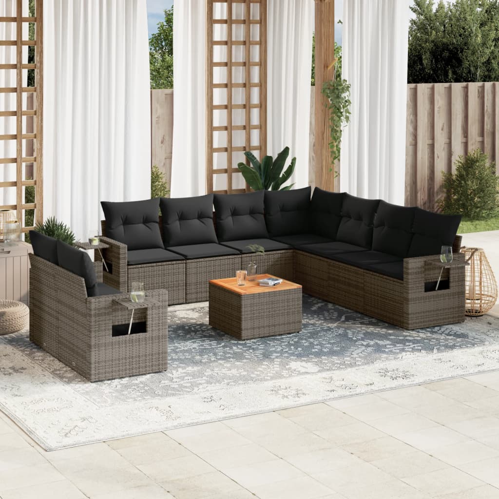 10-Delige Loungeset Met Kussens Poly Rattan Grijs