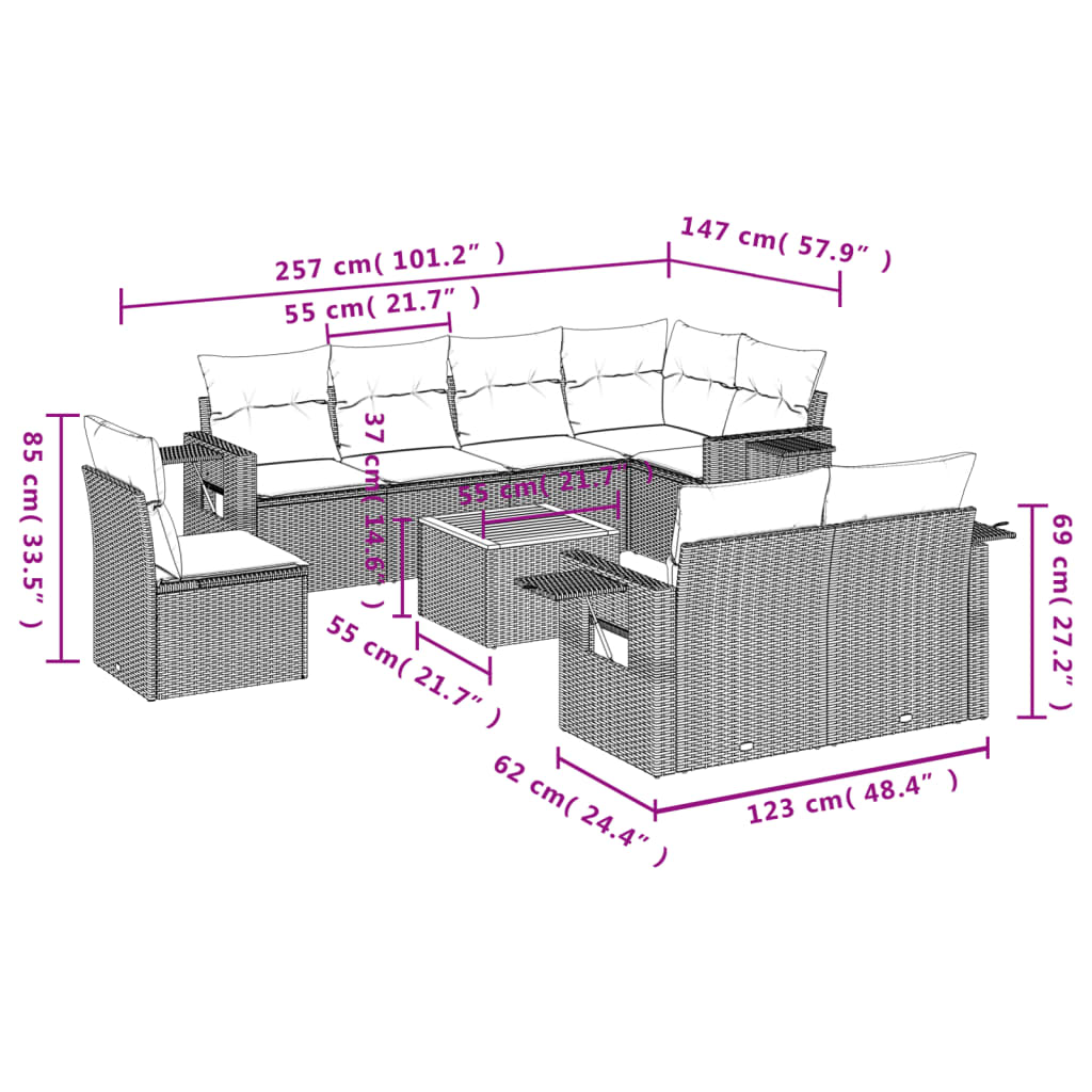 9-Delige Loungeset Met Kussens Poly Rattan Zwart