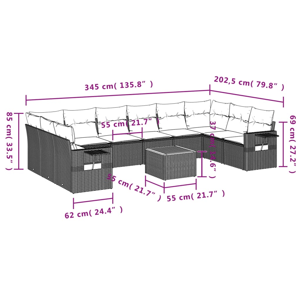 11-Delige Loungeset Met Kussens Poly Rattan Zwart