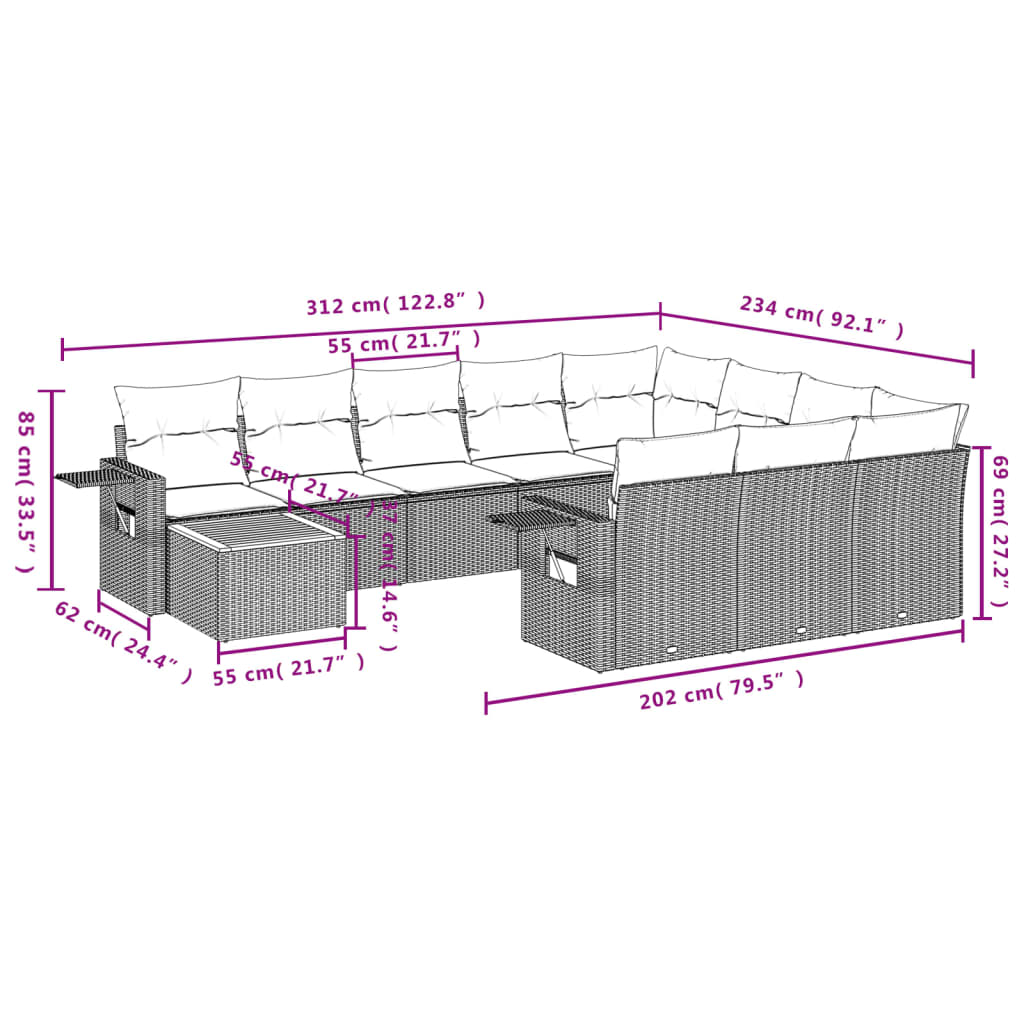 11-Delige Loungeset Met Kussens Poly Rattan Grijs