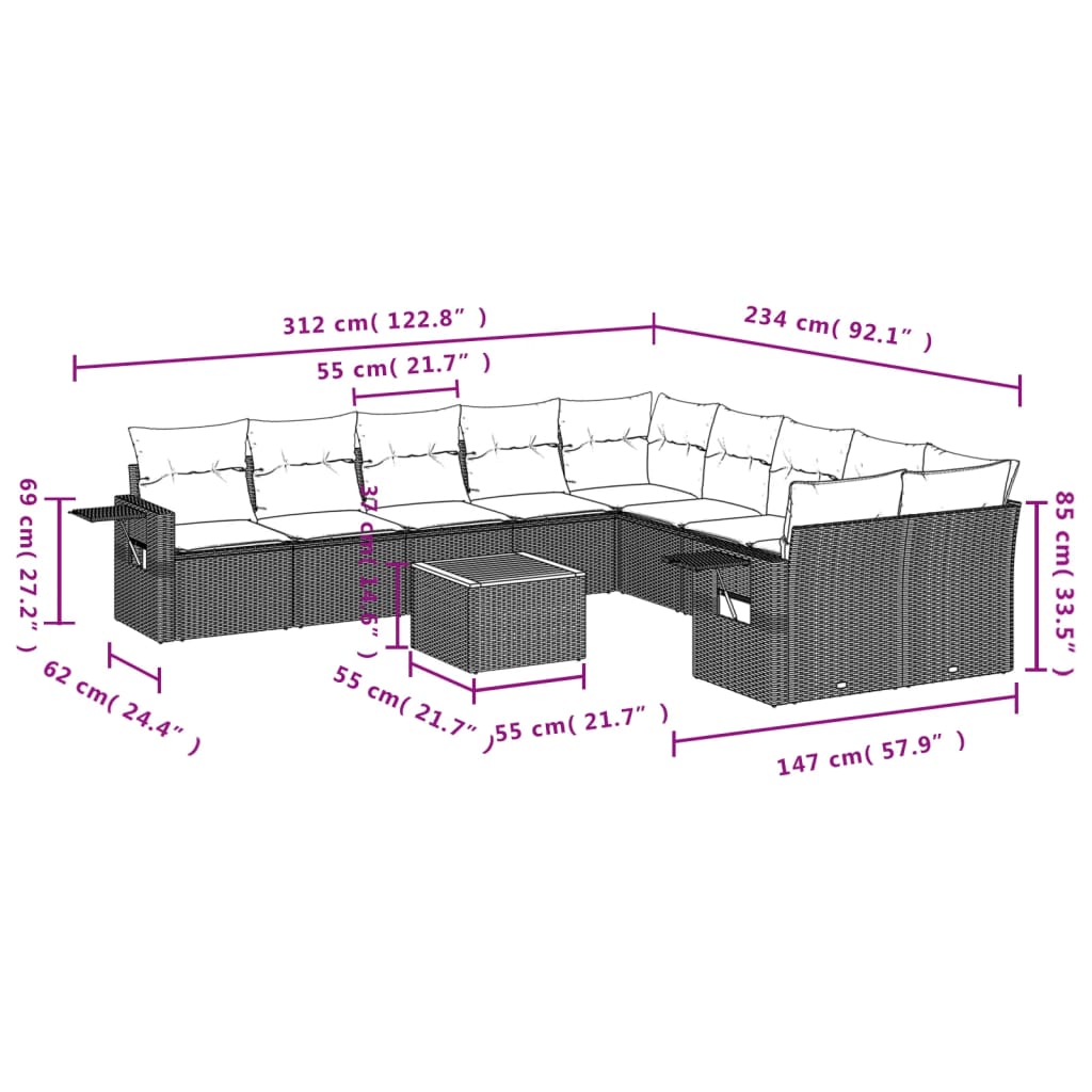 11-Delige Loungeset Met Kussens Poly Rattan Grijs